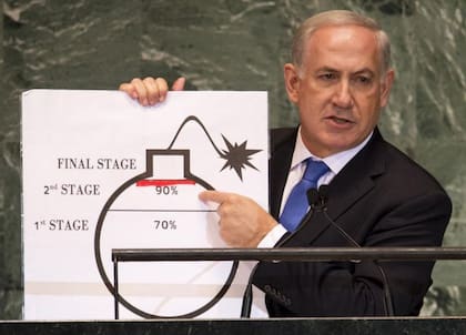 Netanyahu mostró en 2012 ante la ONU el presunto programa nuclear de Irán con el diagrama de una bomba.