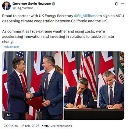 Newsom firmó un acuerdo con Reino Unido sobre energías limpias