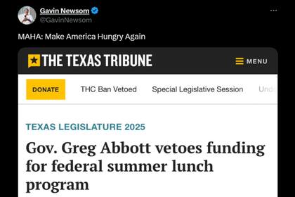 Newsom ironizó en redes con la sigla “MAHA” y criticó la decisión del republicano Greg Abbott