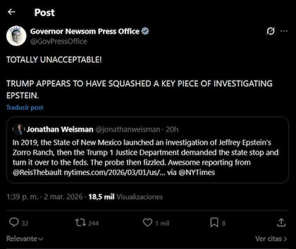 Newsom reacciona a un articulo de New York Times que asegura que el Departamento de Justicia le exigió a las autoridades de Nuevo México que detuvieran su labor sobre el Rancho Zorro de Epstein