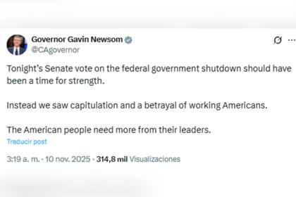 Newsom tildó de "traición a los trabajadores estadounidenses" la decisión del Senado