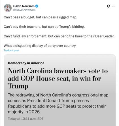 Newson descargó su enojo contra los senadores republicanos de Carolina del Norte en su cuenta de X