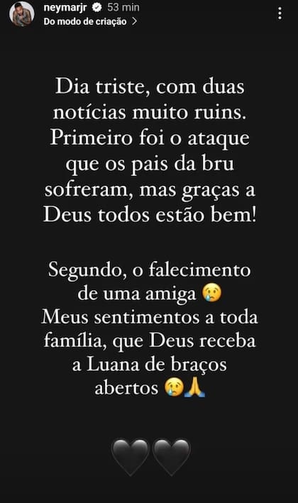 Neymar Jr. expresó su tristeza por la muerte de Luana Andrade