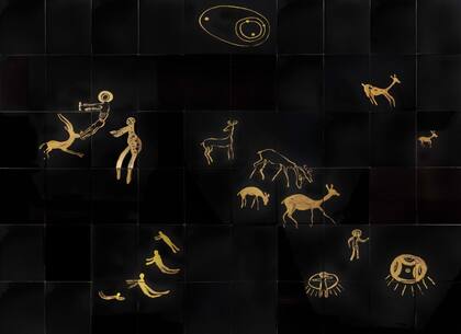 Nibiru II (2021), obra de Federico Lanzi ganadora del segundo premio. Realizada con lustre oro sobre azulejos de cerámica esmaltados