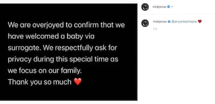 Nick Jonas y Priyanka Chopra compartieron en sus redes sociales que se convirtieron en padres a través del método de subrogación de vientre (Crédito: Instagram/@nickjonas)