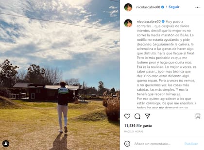 Nicolás Cabré no pudo correr la Media Maratón de Buenos Aires (Foto: Captura de Instagram @nicolascabre80)