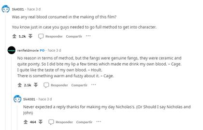 Nicolas Cage admitió que bebió su propia sangre durante el rodafe de su nueva película (Foto: Captura Reddit)