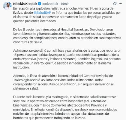 Nicolás Kreplak actualizó cómo se encuentra trabajando el Ministerio de Salud de la Provincia ante los casos de vecinos afectados por la explosión