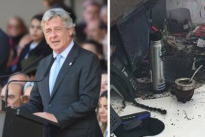 Nicolás Pino, presidente de la Sociedad Rural Argentina, y una muestra de cómo quedó la oficina donde estalló el paquete