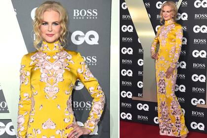 Para la gala de los GQ Men of the Year Awards, Nicole Kidman lució un diseño de Ralph and Russo en satén de seda amarillo mostaza ornamentado a mano con remolinos de crêpe de seda rosa pálido, recortes de tul y pedrería