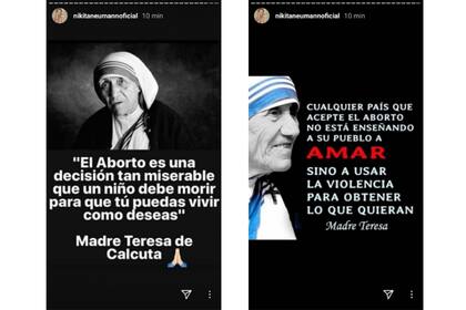 Nicole Neumann apeló a frases de la Madre Teresa de Calcuta para demostrar su indignación ante la legalización del aborto