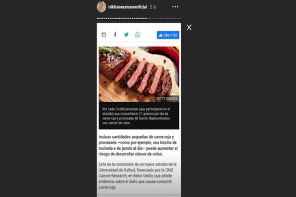 Nicole Neumann no hizo referencia al asado pero se encargó de publicar una serie de historias sobre los peligros de la carne roja.