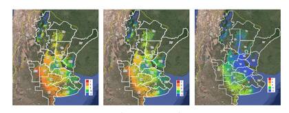 Niveles aproximados de producción de Materia Seca aérea (en t MS/ha/año; grano + rastrojo) necesarios para: (izq.) mantener los niveles actuales de carbono orgánico en el suelo; (centro) subir los niveles actuales de carbono orgánico en el suelo hasta los niveles alcanzables; y (der.) subir los niveles actuales de carbono orgánico en el suelo hasta los niveles potenciales o de saturación
