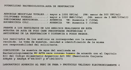 "No apta para el consumo humano", un análisis bacteriológico de una muestra de agua del barrio Salas, realizada en 2021, reveló contaminación ligada a la cercanía con pozos ciegos.