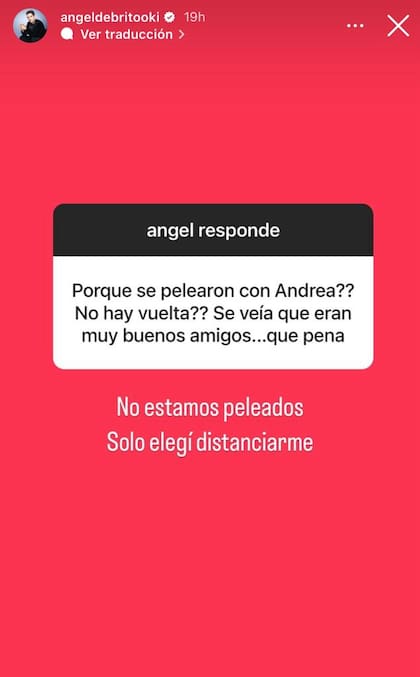 "No estamos peleados, solo elegí distanciarme", reconoció Ángel de Brito sobre su relación con Andrea Taboeada (Foto: Instagram @Angeldebritooki)