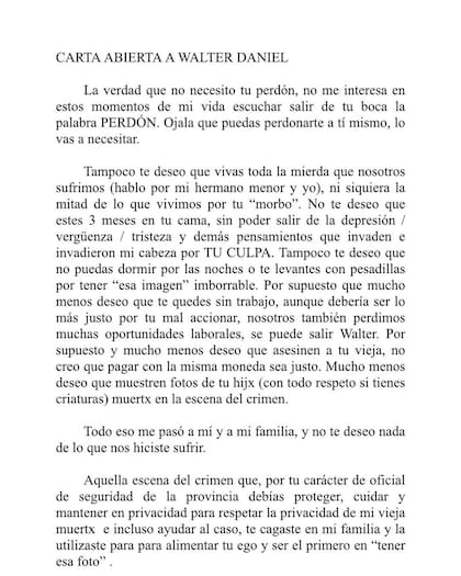 "No necesito tu perdón, no me interesa", sostiene en la carta