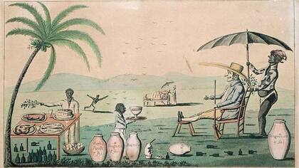 No solo iban a trabajar en las plantaciones sino a servir a sus amos. (Caricatura del siglo XIX satirizando el gobierno colonial en Jamaica)