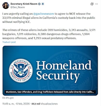 Noem hizo el llamado a Newsom a través de redes sociales