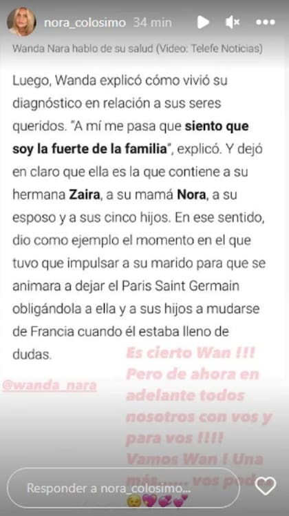 Nora Colosimo le dedicó un sentido mensaje de apoyo a Wanda