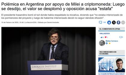 Nota de Emol.com sobre la polémica por la promoción del presidente Javier Milei a la criptomoneda $LIBRA.