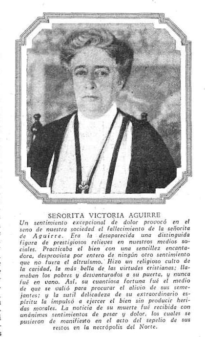 Nota necrológica de Victoria Aguirre, fallecida en 1927.