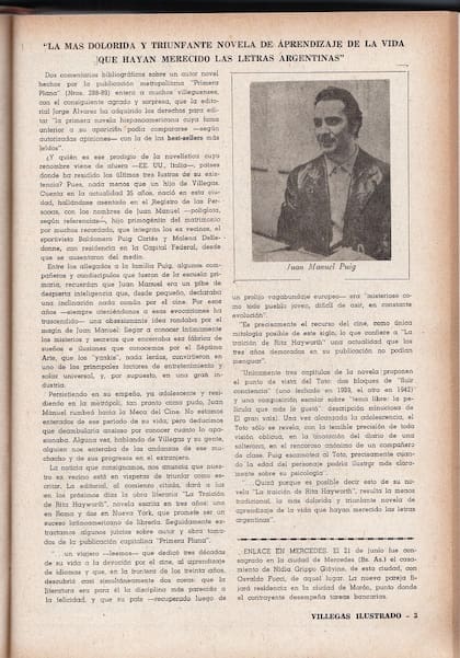 Nota periodística del medio local Villegas Ilustrado, donde se presenta a La traición de Rita Hayworth como "La más dolorida y triunfante novela de aprendizaje de la vida que hayan merecido las letras argentinas". [Gentileza del Centro de Historia Regional de la Biblioteca Pública Municipal de General Villegas]