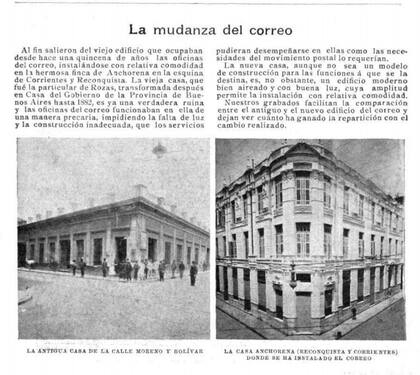 Nota publicada en 1901 en Caras y Caretas acerca de la mudanza del correo: a la izquierda, la antigua sede de Moreno y Bolívar. A la derecha, la nueva Casa Anchorena en Corrientes y Reconquista