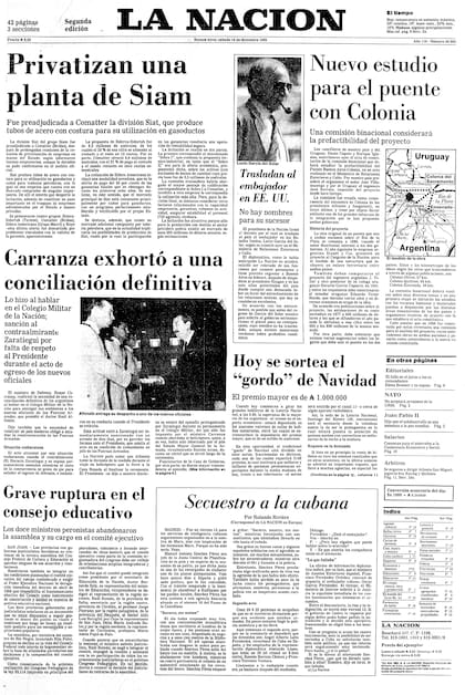 Nota publicada en la tapa de LA NACION el 14 de diciembre de 1985