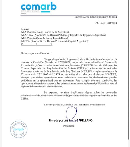 Nota que le envió la Comarb a los bancos