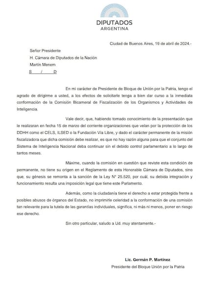 Nota remitida por Germán Martínez (UxP) al presidente de la Cámara baja Martín Menem