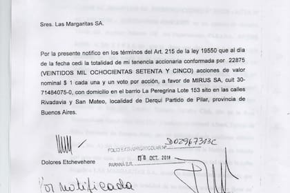 Notificación certificada por escribano en la cual se le informa a los socios de Las Margaritas SA la cesión de la tenencia accionaria a favor de Mirus SA