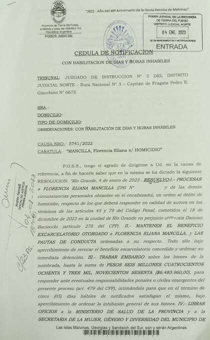 Notificación del procesamiento de Florencia Mancilla