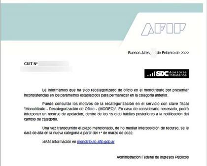 Notificación enviada por la AFIP. Gentileza de Sebastián Domínguez, SDC Asesores Tributarios