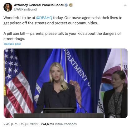 "Nuestros valientes agentes arriesgan sus vidas para sacar el veneno de nuestras calles y proteger nuestras comunidades", expresó la fiscal general Pamela Bondi. Foto: Attorney General Pamela Bondi, X