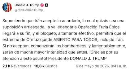 Nueva amenaza de Trump en Truth Social: "Si Irán no acepta comenzarán los bombardeos"