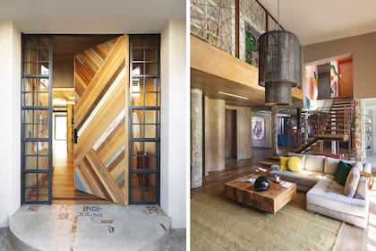 Nueva puerta artesanal de 1,20x2,40m, hecha con contramarcos reutilizados (Carpintería Martín Moreno). Derecha: En primer plano, lámpara colgante fabricada con cadenas (Herrería Bruto).