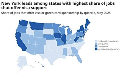 Nueva York lidera entre los estados con la mayor proporción de empleos que ofrecen apoyo para visas