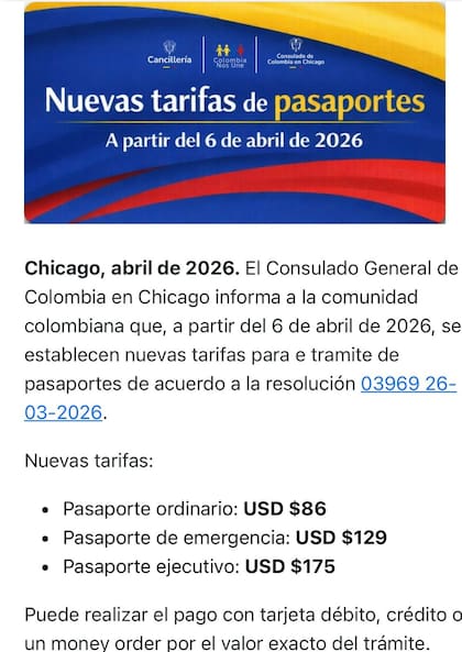 Nuevas tarifas de pasaportes publicado por el Consulado General de Colombia