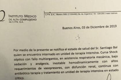 Nuevo parte médico de Santiago Bal
