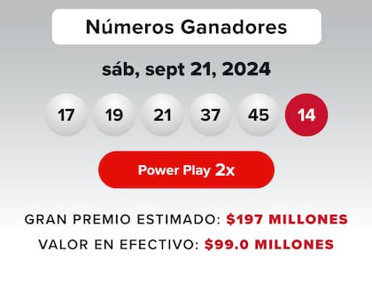 Números ganadores del Powerball este 21 de septiembre.