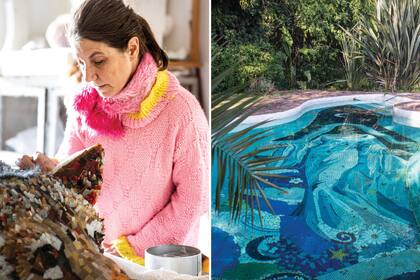 Nushi Muntaabski y, a la izquierda, su obra “Iemanjá” (2013). La piscina, con su forma original de los años 70, con una imagen en el fondo. Nushi realizó la figura principal y se materializó con la ayuda de amigos, familia y exalumnas.