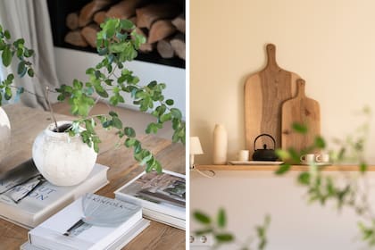 Objetos artesanales, ramas frescas y una paleta natural realzan la calidez del interior, donde cada detalle suma textura y simplicidad mediterránea.