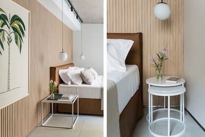 Obra bordadas sobre arpillera (Polonia). Sommier con funda a medida, del mismo material que la del respaldo, para sumar jerarquía a bajo costo. Ropa de cama (Ramos Generales). Mesas de noche (Good Luck Casa).