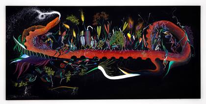 Obra de Rember Yahuarcani, uno de los artistas que participarán de la sección dedicada al Amazonas, actualmente exhibida en el Museo Marco