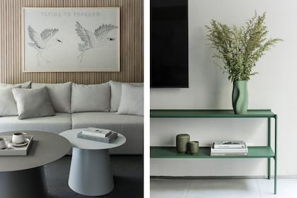 Obra ‘Grullas’ bordada sobre arpillera (Polonia). Consola de chapa (Cúmulo), jarrón (Hus Concept) con arreglo (Irina K), libros (Le Book Marque), velas (GHC Home Basics). Pared con empapelado vinílico, fácil de limpiar.