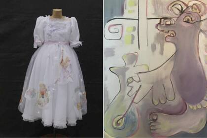 Obra textil "El vestido de Clara", de Carmen Pellizzon, y la pintura "Ratones fantásticos", de Tere Liberati