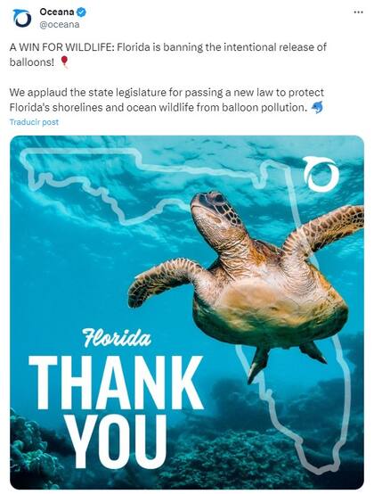 Oceana celebró la firma de la nueva ley de Florida que prohíbe lanzar globos al aire