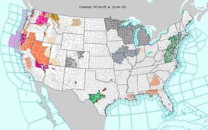 Ola de calor extremo en el oeste: California, Nevada y el noroeste del Pacífico sufrirán temperaturas de hasta 105 °F (40,5 °C), con Portland y Spokane que alcanzarán los 98 °F (36,6 °C), lo que supone un peligro para quienes carezcan de aire acondicionado
