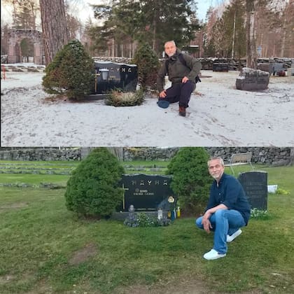 Olivier Norek frene a la tumba del francotirador Simo, una leyenda de la resistencia finlandesa. Entre las dos fotos hay tres años de diferencia, el tiempo que le llevó al autor escribir el libro