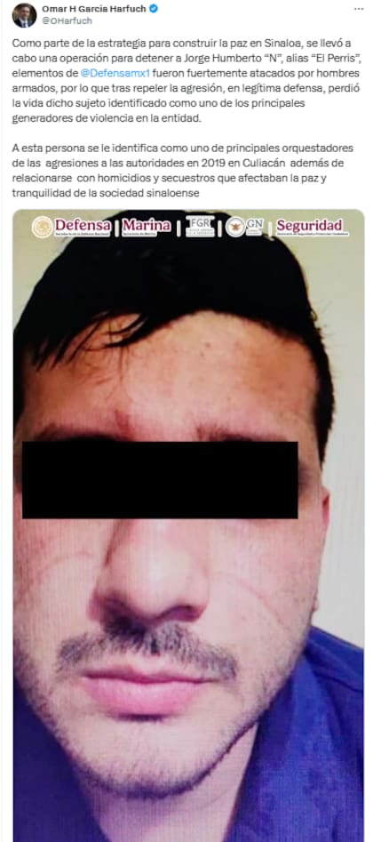 Omar Garcia Harfuch en X sobre "El Perris"